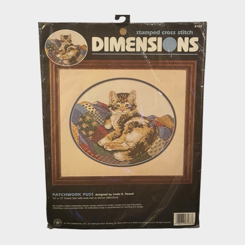 Dimensions 3163 Patchwork Puss Cat Stamped Cross Stitch Kit Sealed 1996 Vintage